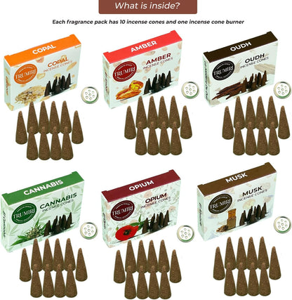 Trumiri Woody Incense Cones - Variety Pack - Total 60 Cone Incense (6 Scents x 10 Conos) - White Sage, Palo Santo, Dragons Blood, Sandalwood - Inscents-Cones Scented - Insense Cones - Incent Cone