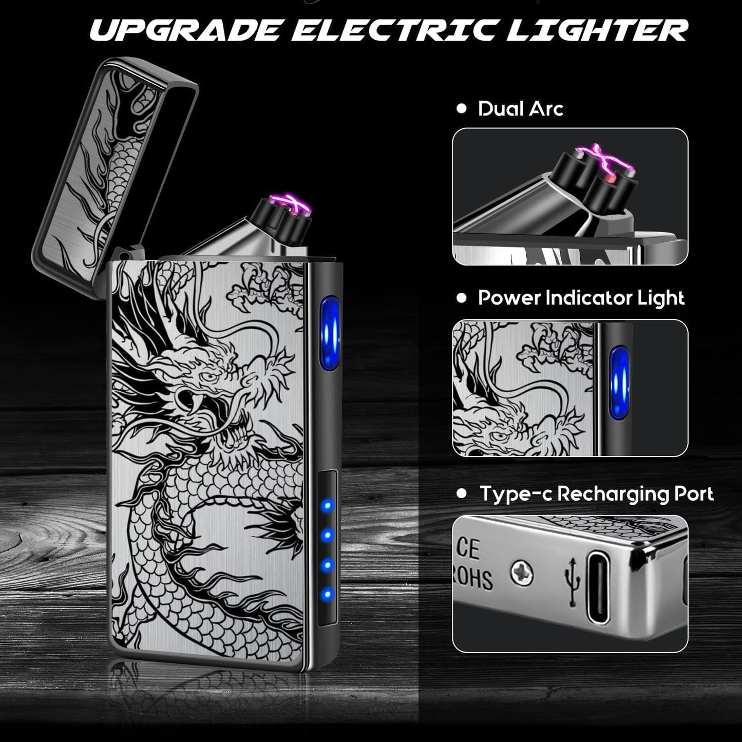 LcFun Electric USB Rechargeable Lighter, Windproof Plasma Dual Arc Lighter, Electronic Flameless Cool Lighters Gifts for Men Fathers Husband (Gold Dragon)