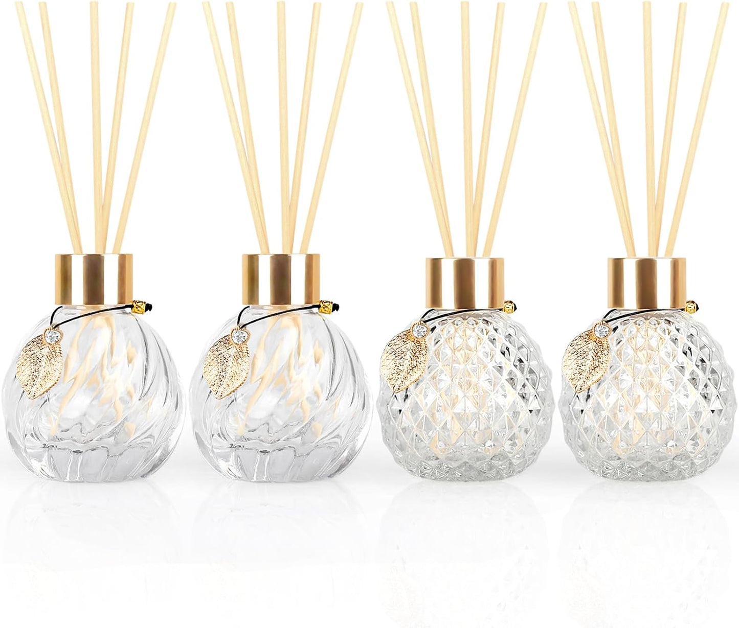 Trifolic Reed Diffuser Set with Metal Golden Decoration, 3.5-4.2oz Empty Reed Diffuser Bottles with 20Pcs Reed Diffuser Sticks, Unique Design Bottles for Home and Office
