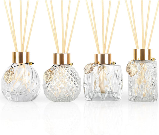 Trifolic Reed Diffuser Set with Metal Golden Decoration, 3.5-4.2oz Empty Reed Diffuser Bottles with 20Pcs Reed Diffuser Sticks, Unique Design Bottles for Home and Office