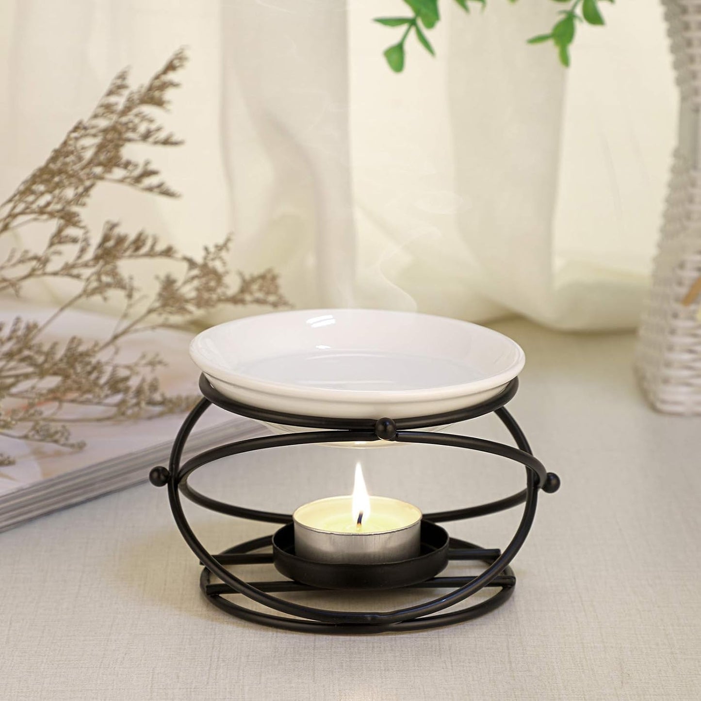 JuxYes European Metal Oil Burner Wax Warmer, Delicate Romantic Ceramic Tealight Candle Holder Oil Burner, Fragrance Warmer Aromatherapy Wax Candle Tart Burner Warmer Diffuser for Home Bedroom Décor
