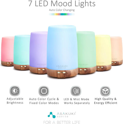 ASAKUKI 300ML Essential Oil Diffuser, Quiet 5-in-1 Premium Humidifier, Natural Home Fragrance Aroma Diffuser with 7 LED Color Changing Light and Auto-Off Safety Switch-Light Brown