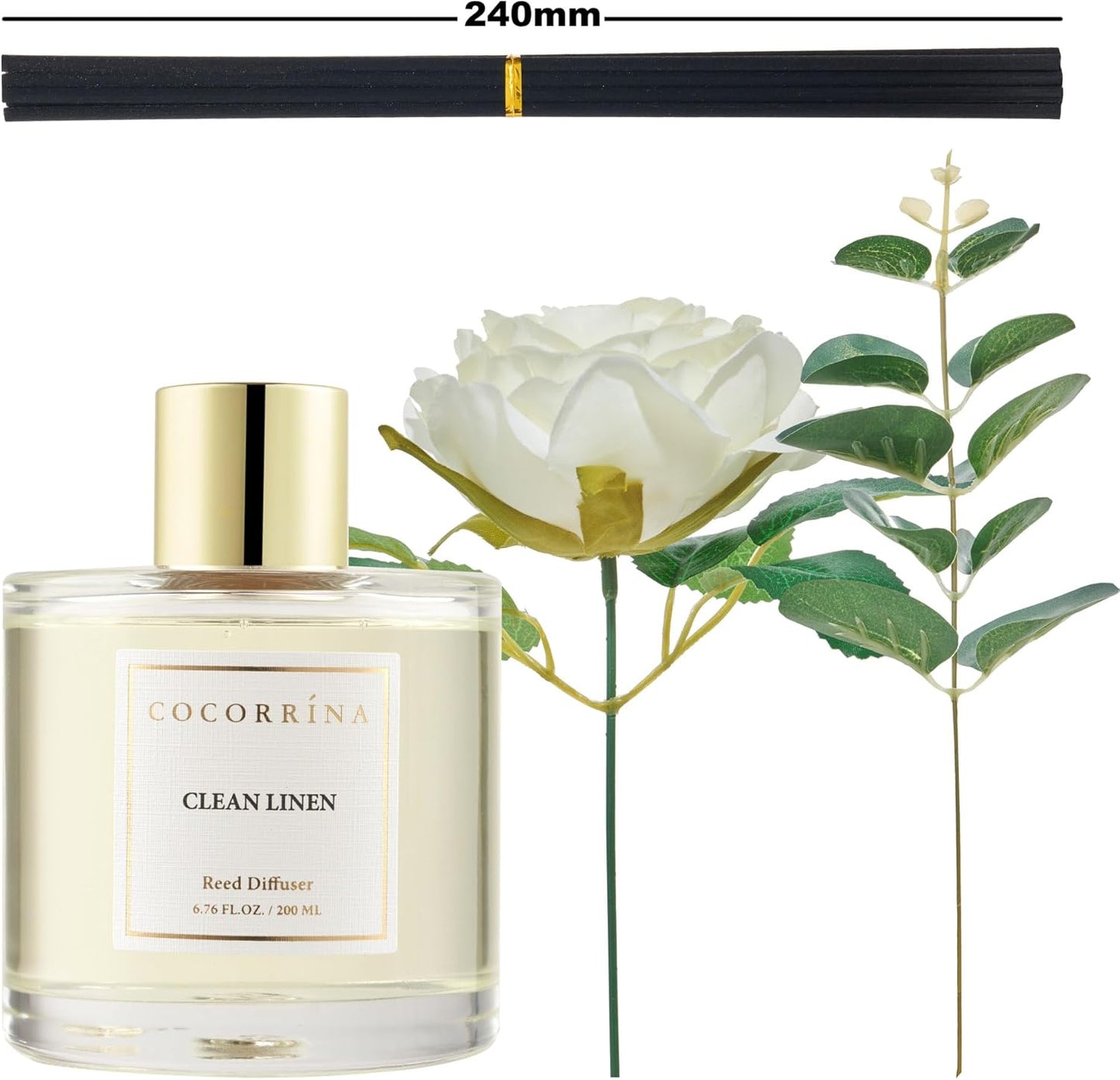 Cocorrína Clean Linen Scented Reed Diffuser Oil with 8 Sticks Fragrance for Bedroom, Bathroom, Oil Diffuser, Home Décor, 6.7 oz. (200 ml)