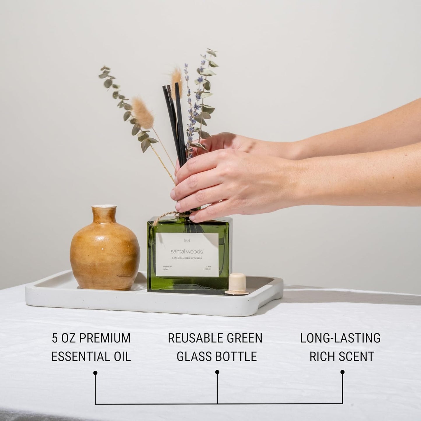 Craft & Kin Reed Diffuser Set with Dried Flowers, 5 oz Santal Woods Scented Reed Diffuser with Sticks