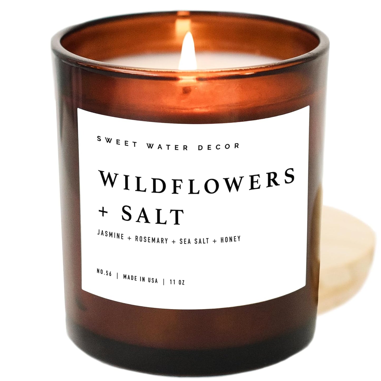 Sweet Water Decor Salt and Sea Candle - Sea Salt, Citrus, Amber, Musk, Beach Scented Soy Candles for Home - 11oz White Glass Jar   Wood Lid, 50  Hour Burn Time, Made in the USA