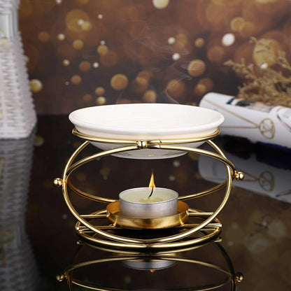 JuxYes European Metal Oil Burner Wax Warmer, Delicate Romantic Ceramic Tealight Candle Holder Oil Burner, Fragrance Warmer Aromatherapy Wax Candle Tart Burner Warmer Diffuser for Home Bedroom Décor