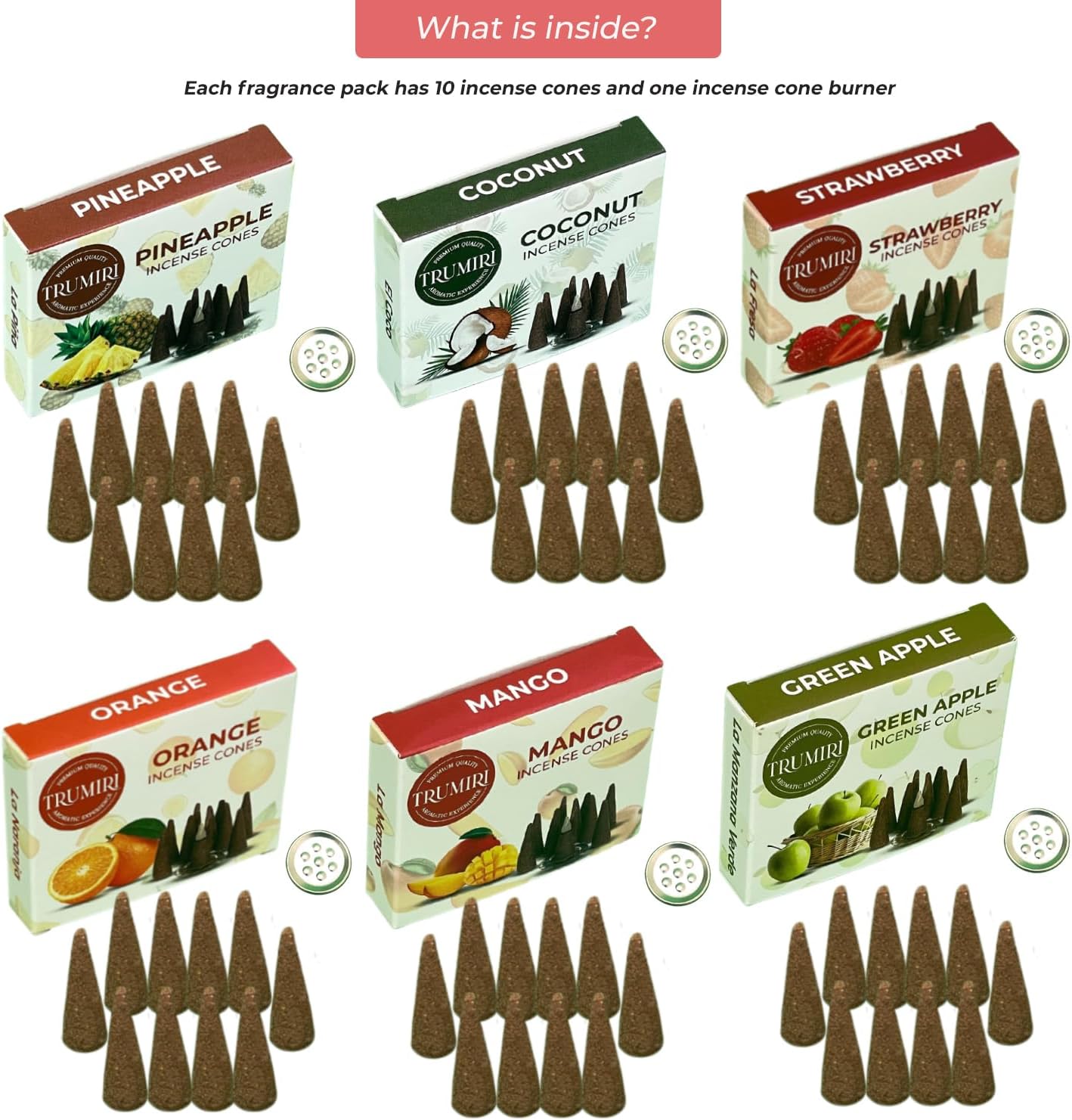 Trumiri Woody Incense Cones - Variety Pack - Total 60 Cone Incense (6 Scents x 10 Conos) - White Sage, Palo Santo, Dragons Blood, Sandalwood - Inscents-Cones Scented - Insense Cones - Incent Cone