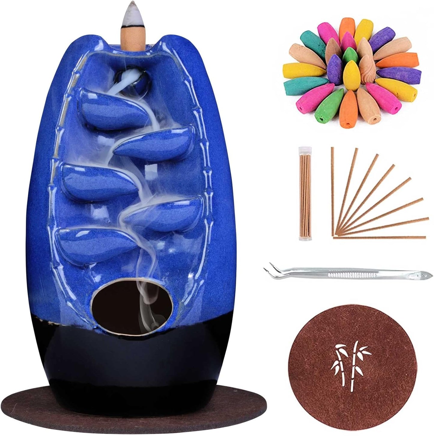 SPACEKEEPER Ceramic Backflow Incense Holder and Burner Waterfall, with 120 Backflow Incense Cones   30 Incense Stick, Aromatherapy Ornament Home Decor, Blue Set