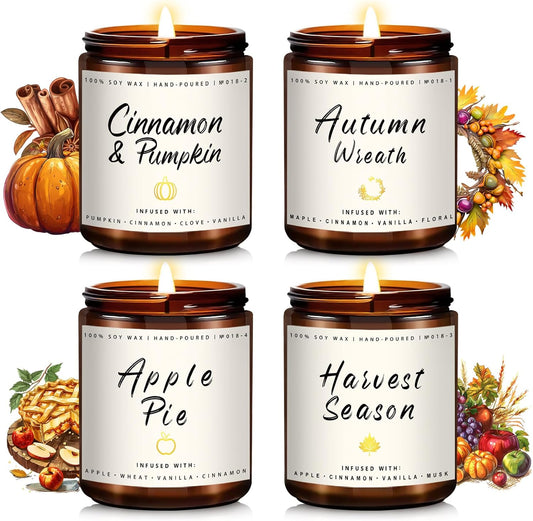 Winter Fall Candle Set | 4 Pack Christmas Fall Candles for Home - Christmas Gifts for Women Men, Fall Holiday Soy Candles | Holiday Celebration Scents of - Apple Pie/Cinnamon/Harvest/Wreath