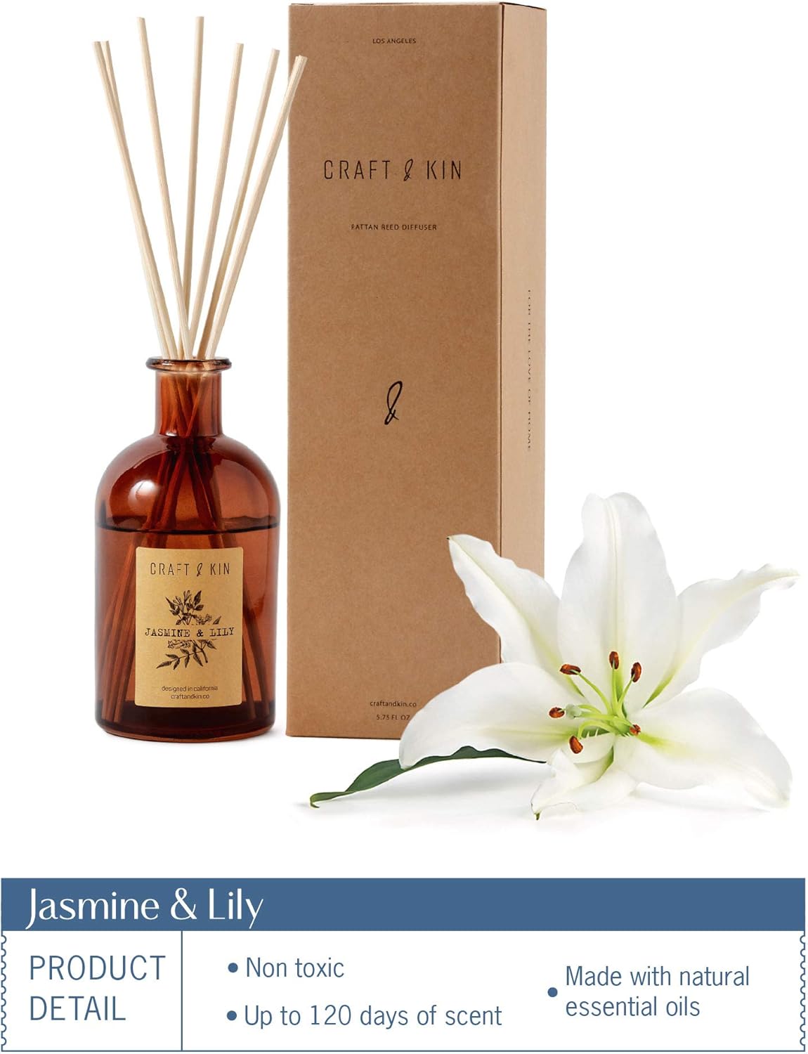Jasmine & Lily Reed Diffuser | Includes All Natural Essential Oil & 8 Rattan Scent Sticks | Reed Diffuser Set for Bathroom | Reed Diffusers for Home | Long Lasting Home Fragrance in Amber Glass - 5.75oz