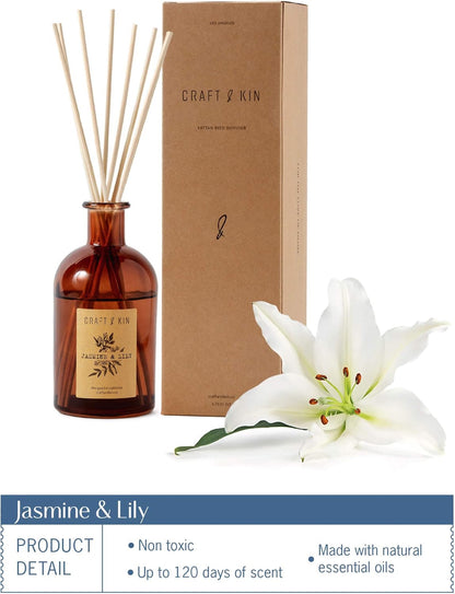 Jasmine & Lily Reed Diffuser | Includes All Natural Essential Oil & 8 Rattan Scent Sticks | Reed Diffuser Set for Bathroom | Reed Diffusers for Home | Long Lasting Home Fragrance in Amber Glass - 5.75oz