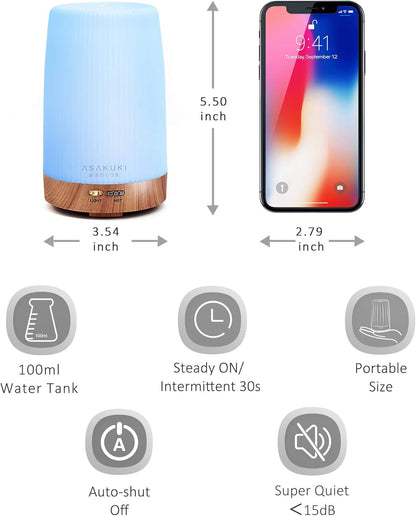 ASAKUKI 300ML Essential Oil Diffuser, Quiet 5-in-1 Premium Humidifier, Natural Home Fragrance Aroma Diffuser with 7 LED Color Changing Light and Auto-Off Safety Switch-Light Brown