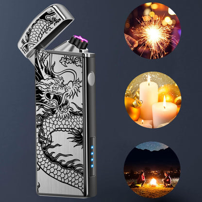 LcFun Electric USB Rechargeable Lighter, Windproof Plasma Dual Arc Lighter with LED Battery Indication, Electronic Flameless Cool Lighters Gifts for Men Fathers Husband (Black Dragon)