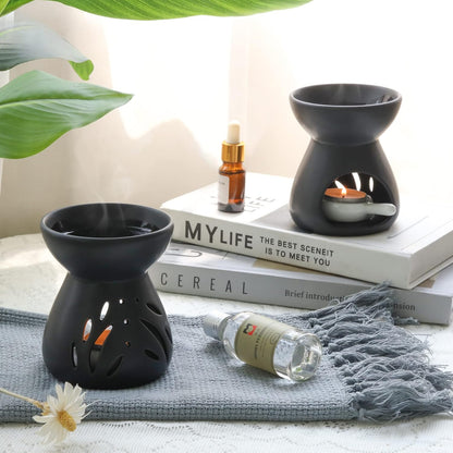 ComSaf Essential Oil Burner Wax Melt Burners Set of 2, Aromatherapy Aroma Burner Ceramic Oil Diffuser Candle Tealight Holder Home Bedroom Decor Christmas Housewarming Gift, Black