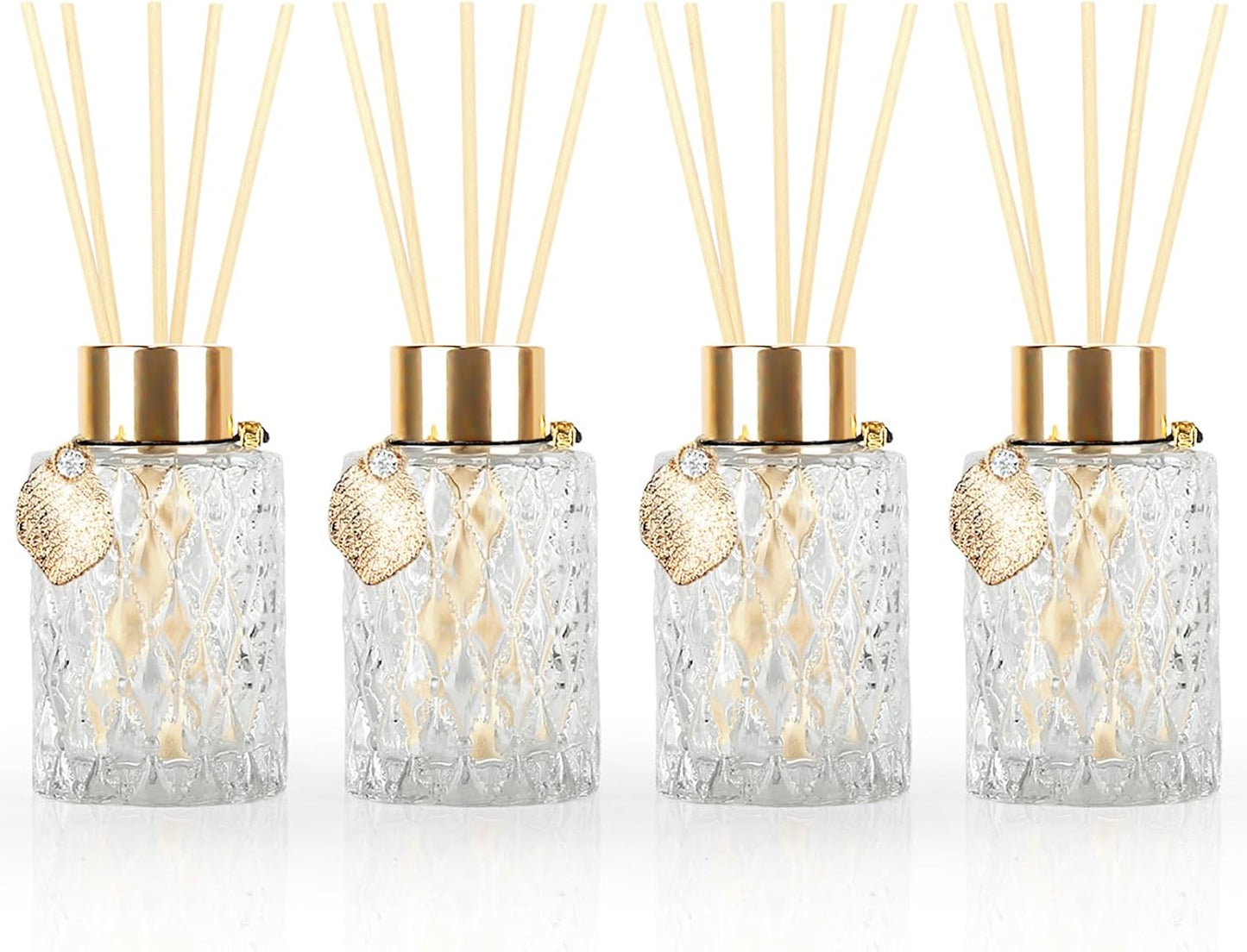 Trifolic Reed Diffuser Set with Metal Golden Decoration, 3.5-4.2oz Empty Reed Diffuser Bottles with 20Pcs Reed Diffuser Sticks, Unique Design Bottles for Home and Office