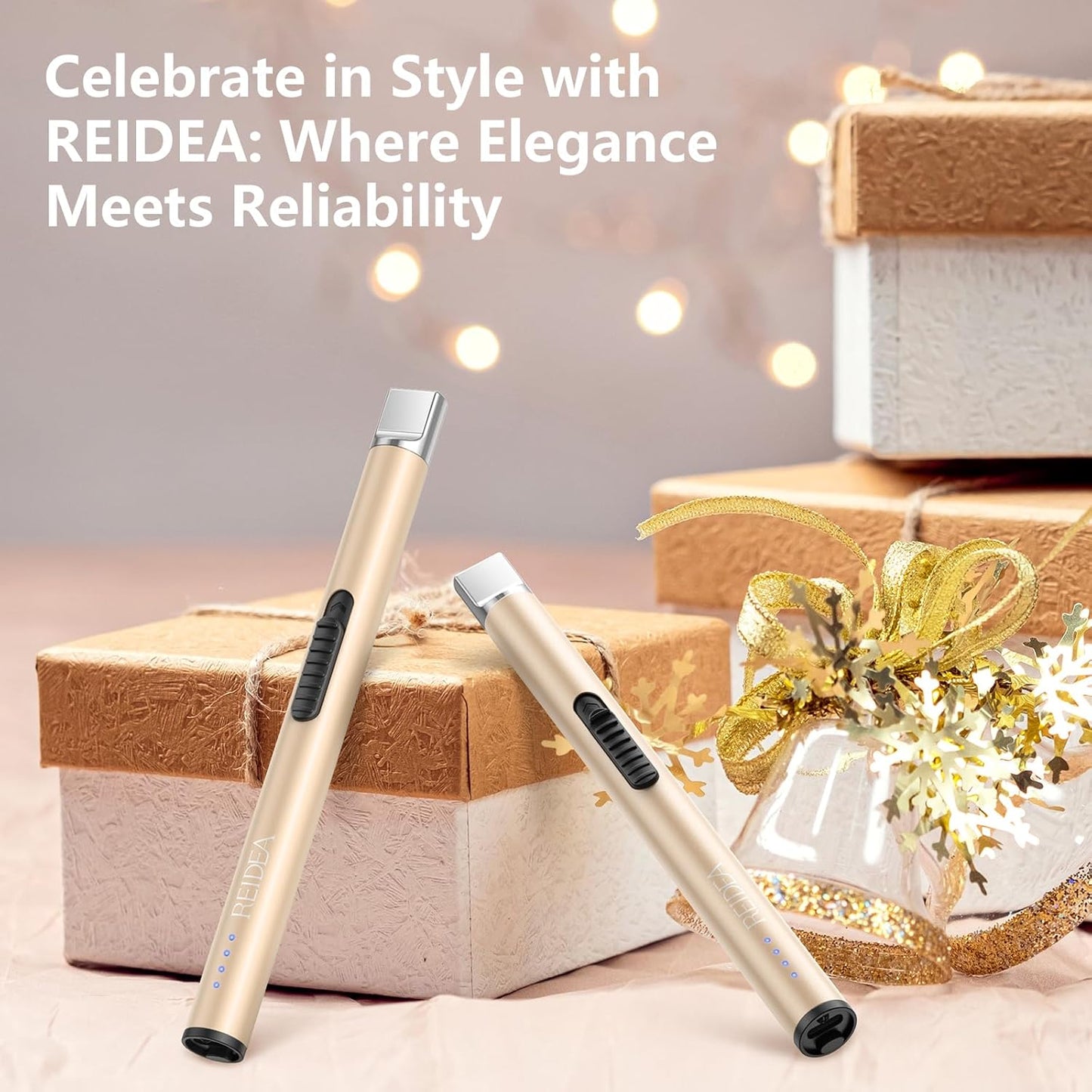 REIDEA Lighter Electric for Candle S4 Pro USB Rechargeable Safety Lock with LED Battery Indicator Flameless Windproof Arc Plasma Lighter for Candle, Fireworks (Champagne Gold)