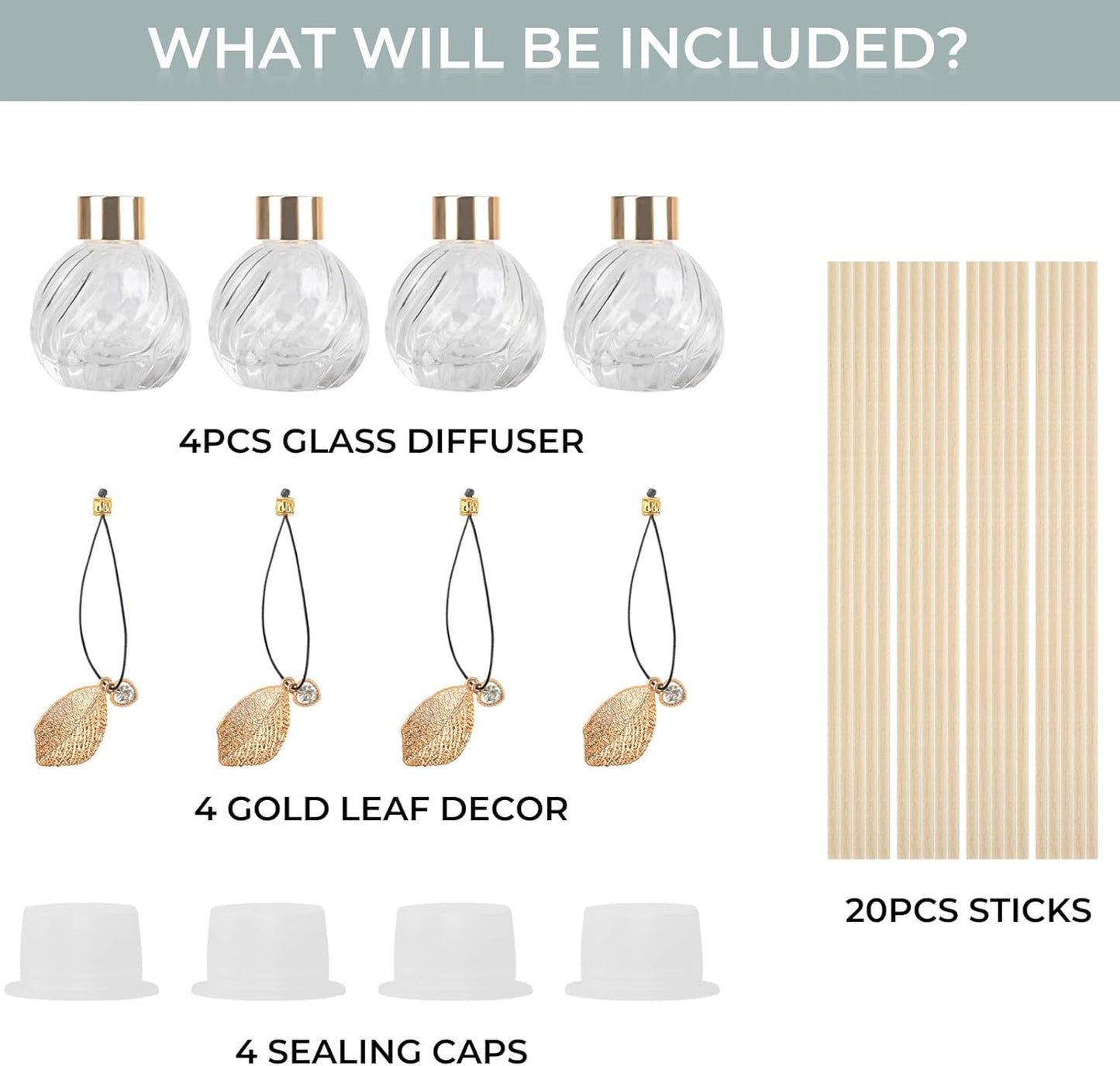 Trifolic Reed Diffuser Set with Metal Golden Decoration, 3.5-4.2oz Empty Reed Diffuser Bottles with 20Pcs Reed Diffuser Sticks, Unique Design Bottles for Home and Office