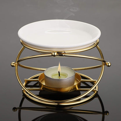 JuxYes European Metal Oil Burner Wax Warmer, Delicate Romantic Ceramic Tealight Candle Holder Oil Burner, Fragrance Warmer Aromatherapy Wax Candle Tart Burner Warmer Diffuser for Home Bedroom Décor