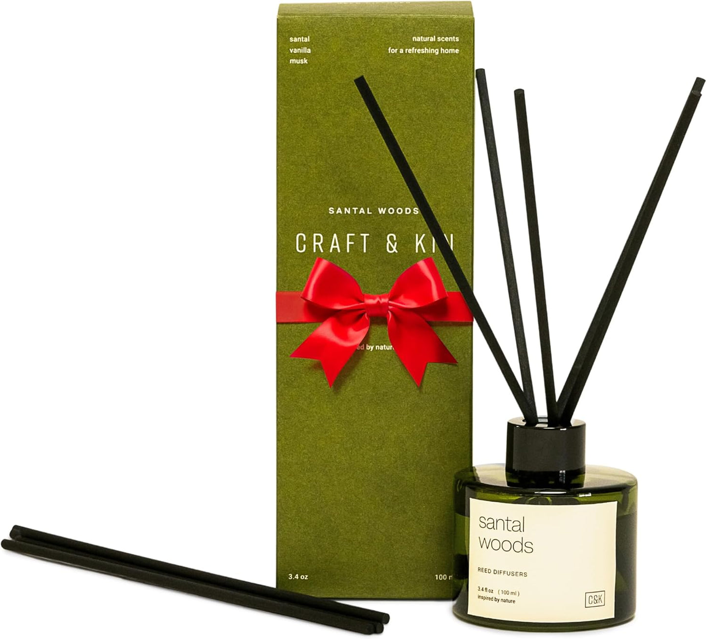 Craft & Kin Reed Diffuser Set Santal Woods, Reed Diffusers for Home, Fragrance Diffuser Sticks, Oil Diffuser Sticks, Oil Diffuser with Sticks, Reed Diffuser for Men | Christmas Reed Diffuser