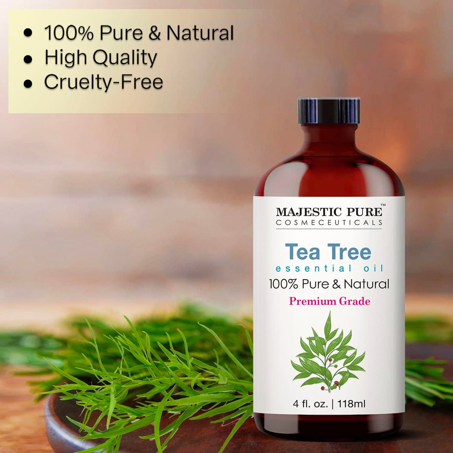 MAJESTIC PURE Tea Tree Essential Oil | 100% Pure and Natural Tea Tree Oil | Premium Grade Essential Oils for Hair Care, Home Diffusers, Skin, Aromatherapy, Massage and Humidifiers | 4 Fl Oz
