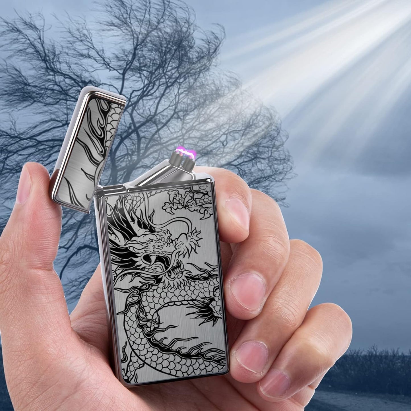LcFun Electric USB Rechargeable Lighter, Windproof Plasma Dual Arc Lighter, Electronic Flameless Cool Lighters Gifts for Men Fathers Husband (Gold Dragon)