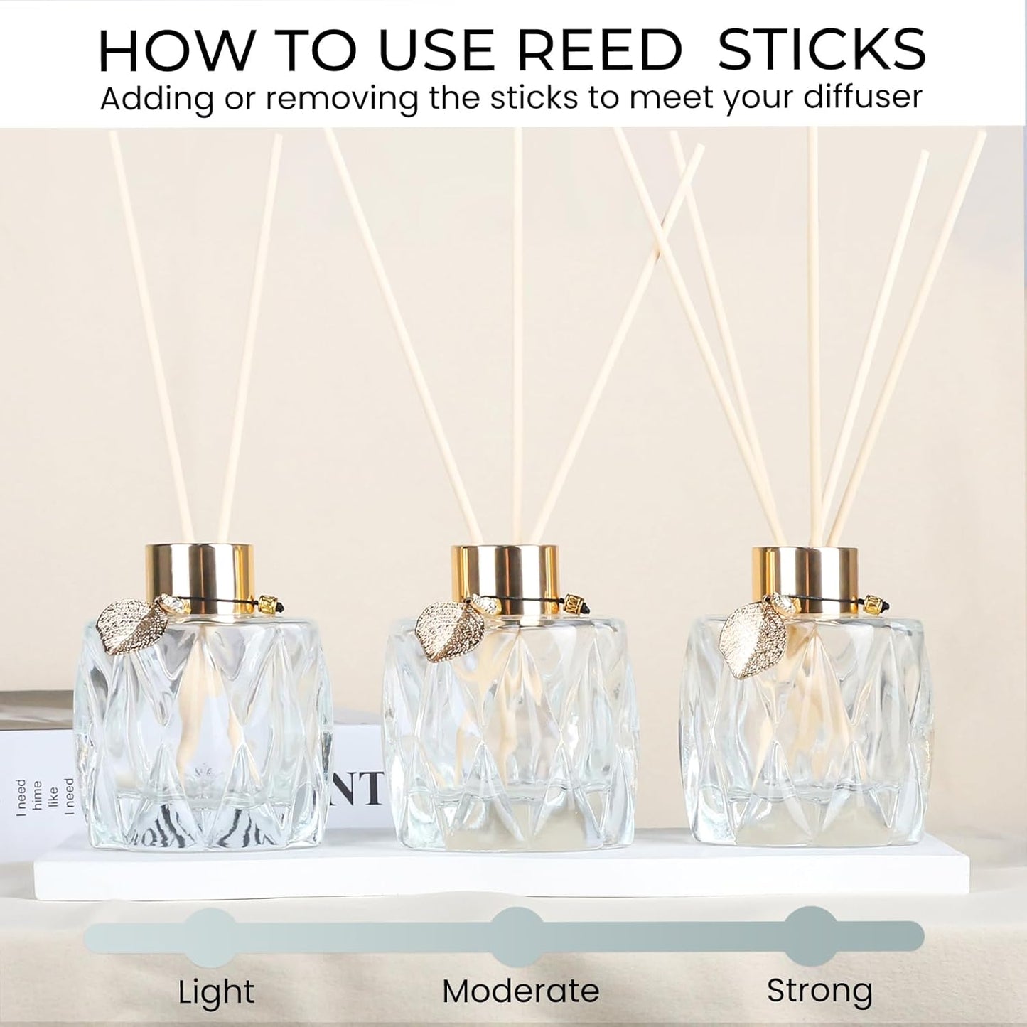 Trifolic Reed Diffuser Set with Metal Golden Decoration, 3.5-4.2oz Empty Reed Diffuser Bottles with 20Pcs Reed Diffuser Sticks, Unique Design Bottles for Home and Office