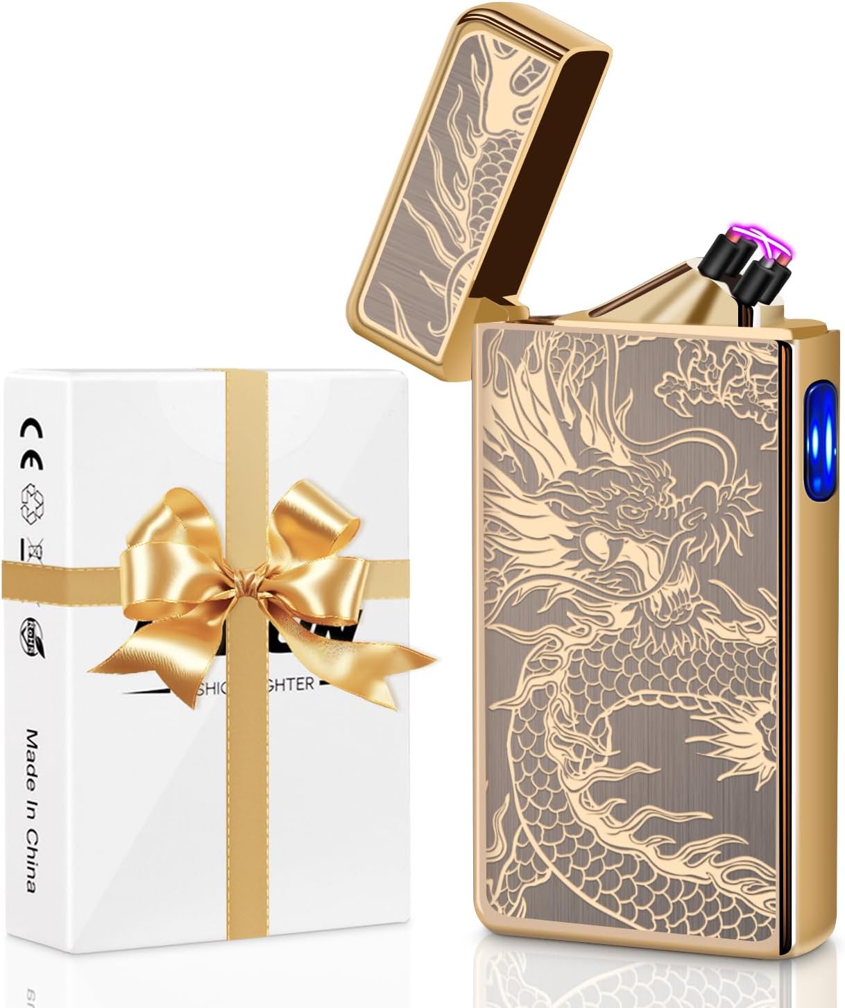 LcFun Electric USB Rechargeable Lighter, Windproof Plasma Dual Arc Lighter, Electronic Flameless Cool Lighters Gifts for Men Fathers Husband (Gold Dragon)