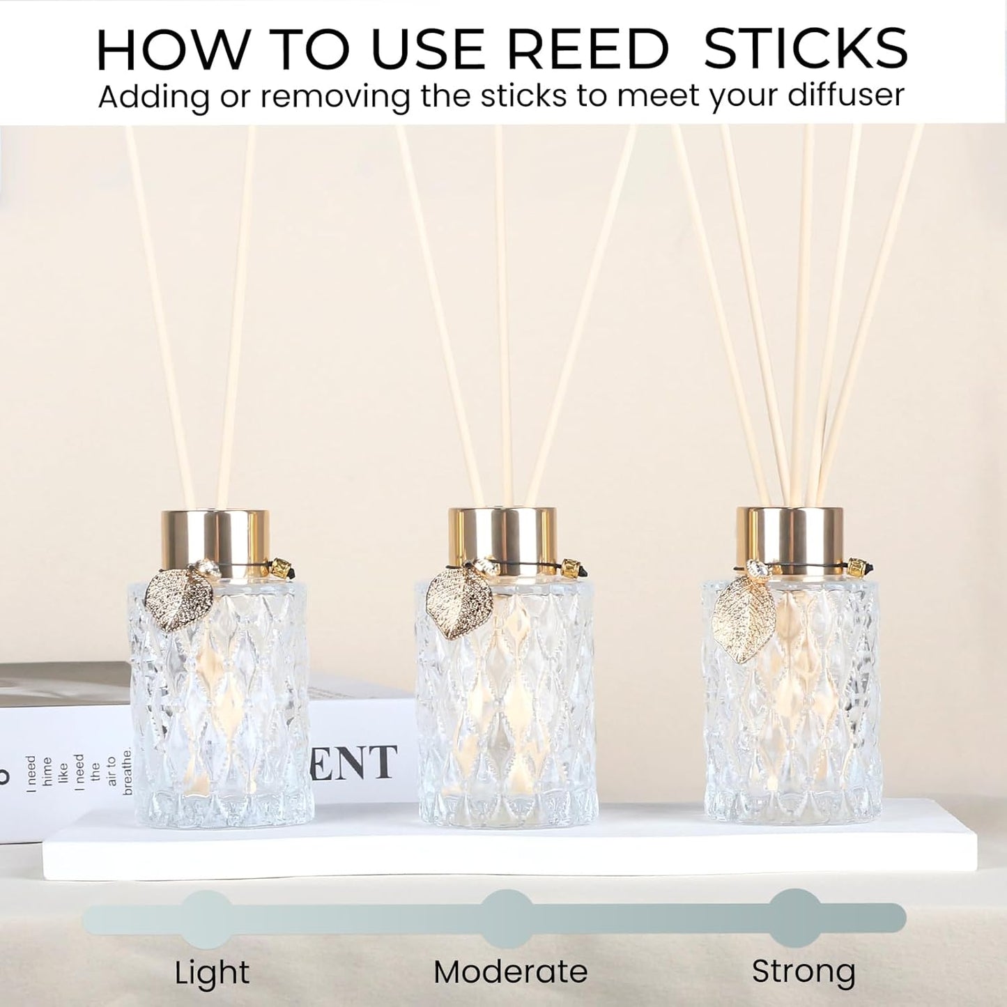Trifolic Reed Diffuser Set with Metal Golden Decoration, 3.5-4.2oz Empty Reed Diffuser Bottles with 20Pcs Reed Diffuser Sticks, Unique Design Bottles for Home and Office