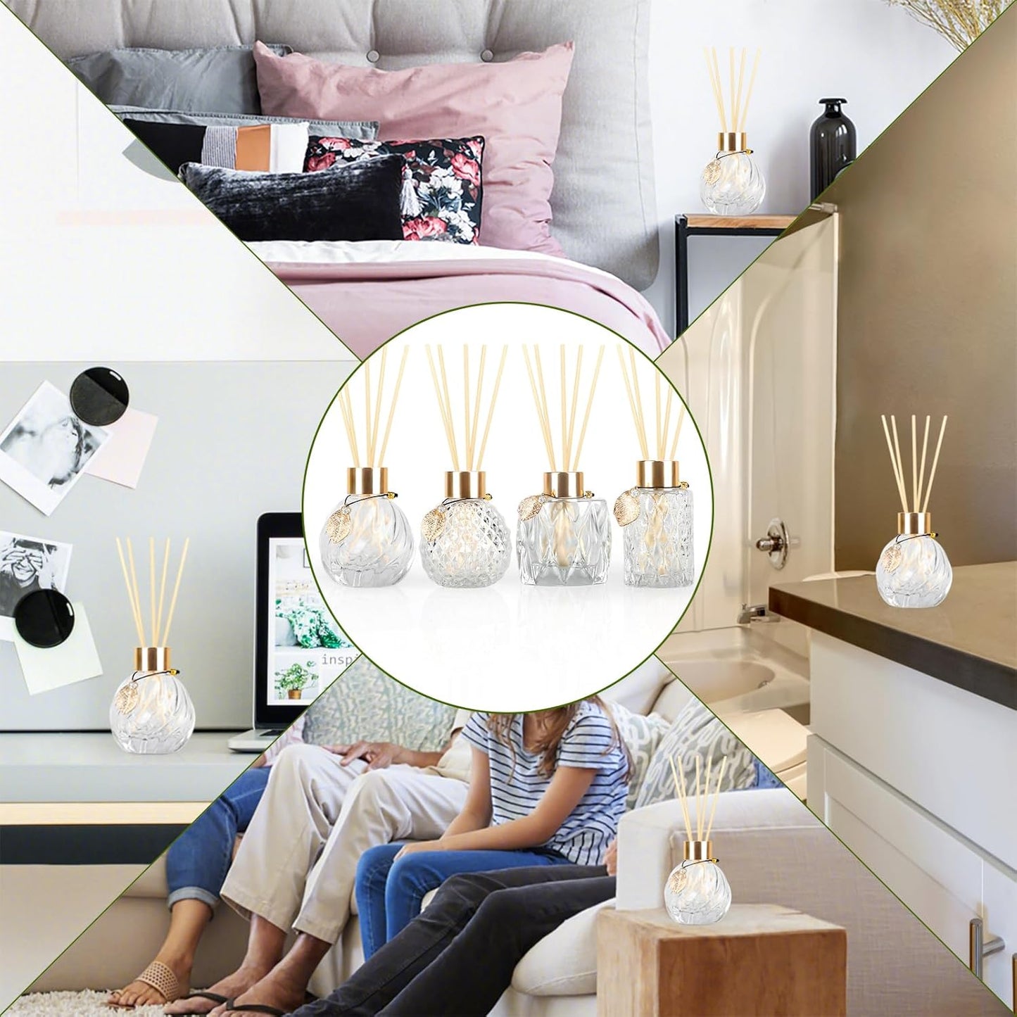 Trifolic Reed Diffuser Set with Metal Golden Decoration, 3.5-4.2oz Empty Reed Diffuser Bottles with 20Pcs Reed Diffuser Sticks, Unique Design Bottles for Home and Office