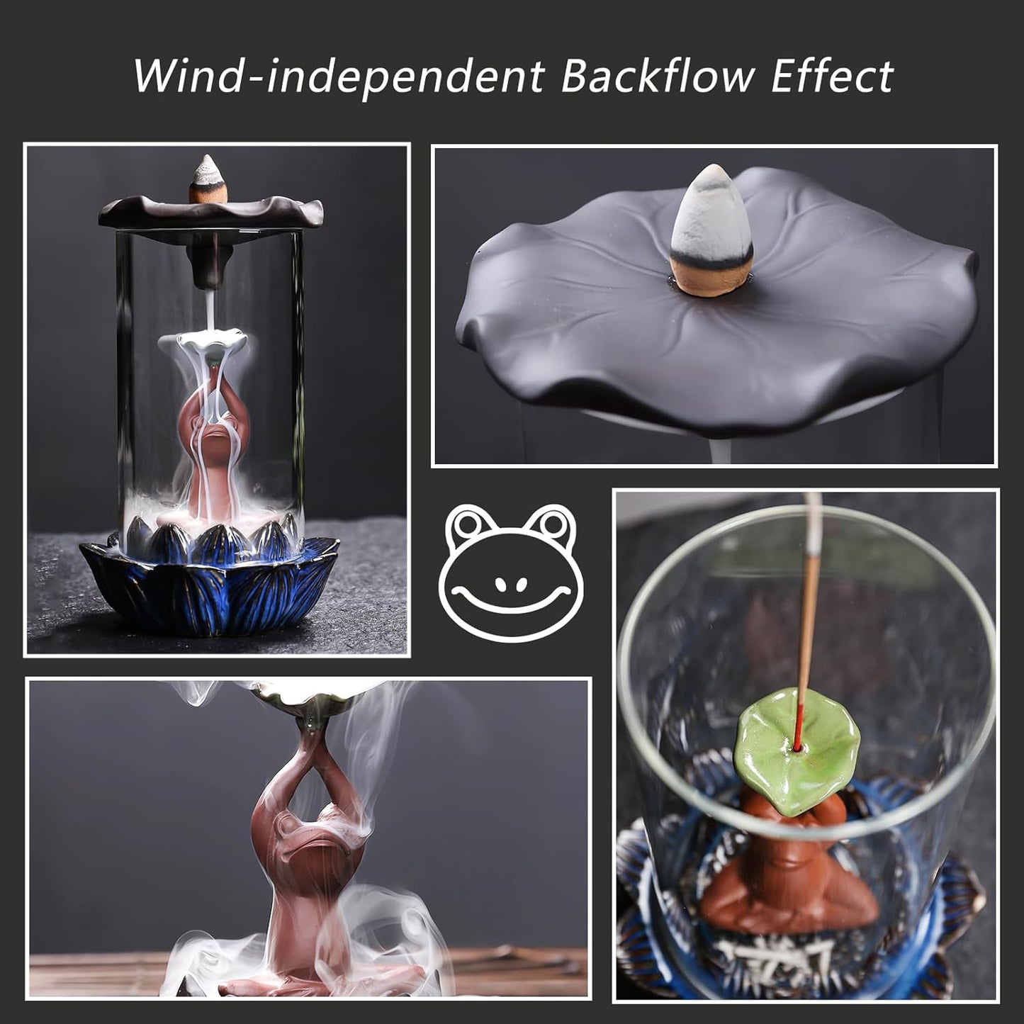 ChangWanna Frog Incense Stick Holder - Ceramic Insence Burner Ash Catcher, Insense Stand with 45 Sandalwood Sticks, Ornament for Aromatherapy/Yoga/Meditation/Home Living Room Office Decor