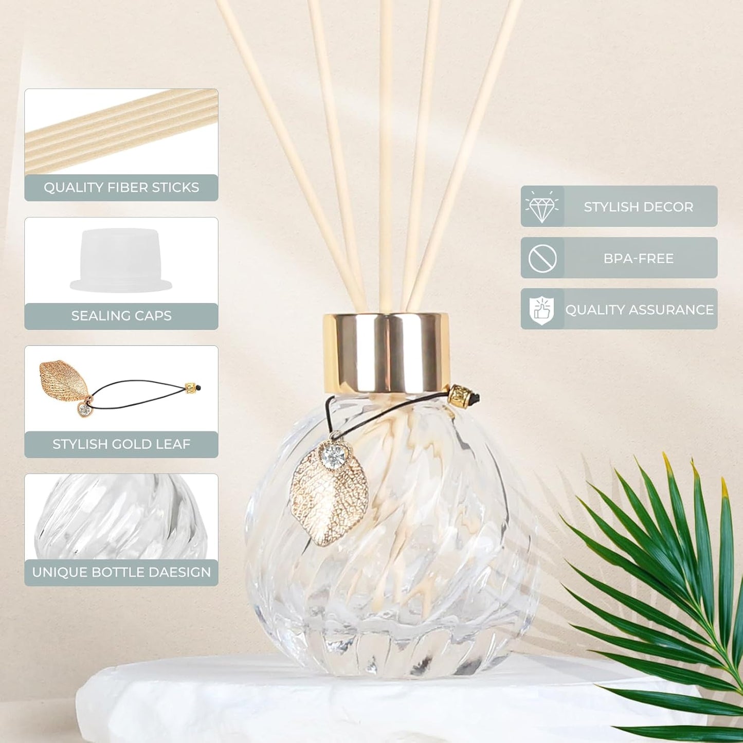 Trifolic Reed Diffuser Set with Metal Golden Decoration, 3.5-4.2oz Empty Reed Diffuser Bottles with 20Pcs Reed Diffuser Sticks, Unique Design Bottles for Home and Office