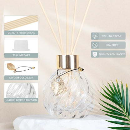 Trifolic Reed Diffuser Set with Metal Golden Decoration, 3.5-4.2oz Empty Reed Diffuser Bottles with 20Pcs Reed Diffuser Sticks, Unique Design Bottles for Home and Office