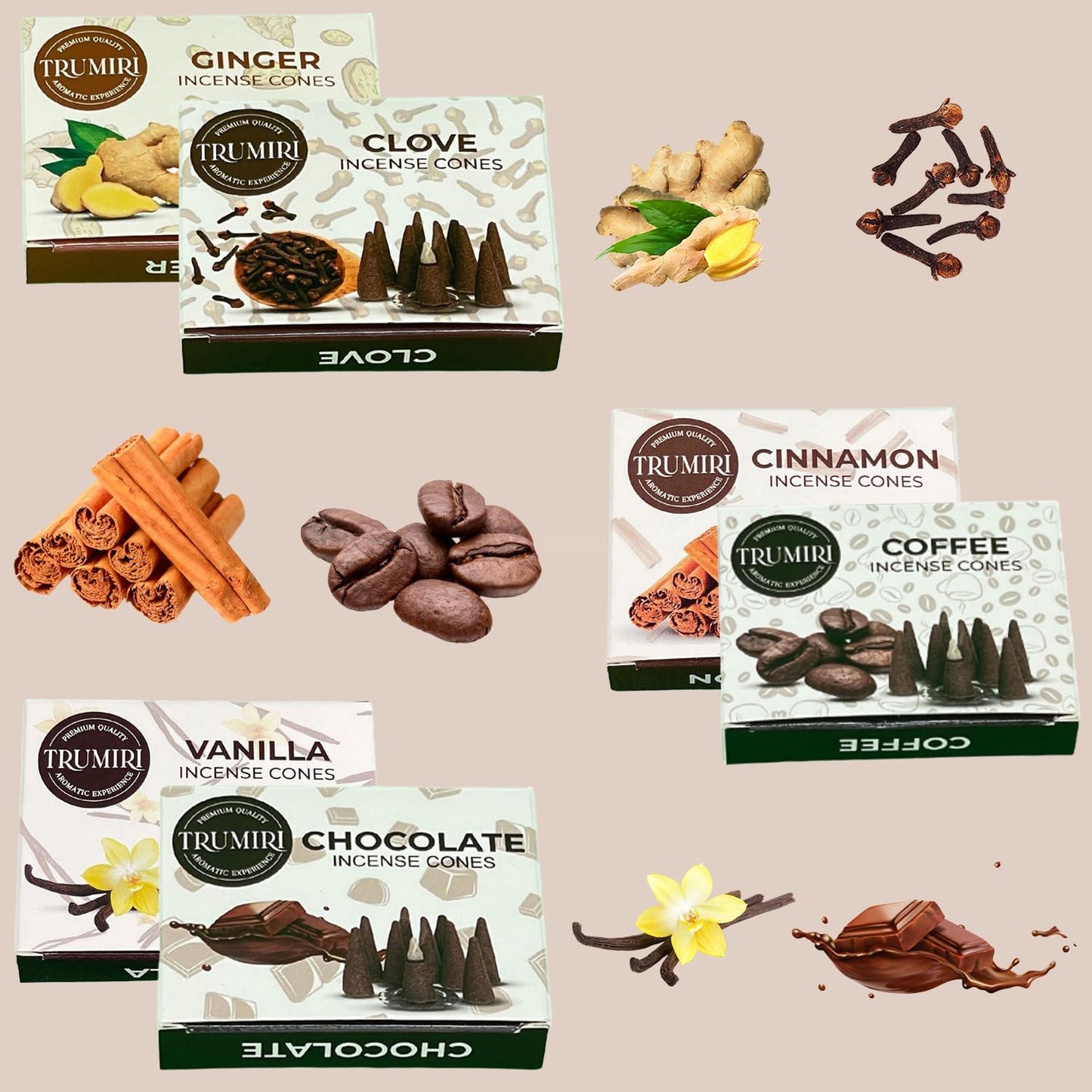 Trumiri Woody Incense Cones - Variety Pack - Total 60 Cone Incense (6 Scents x 10 Conos) - White Sage, Palo Santo, Dragons Blood, Sandalwood - Inscents-Cones Scented - Insense Cones - Incent Cone
