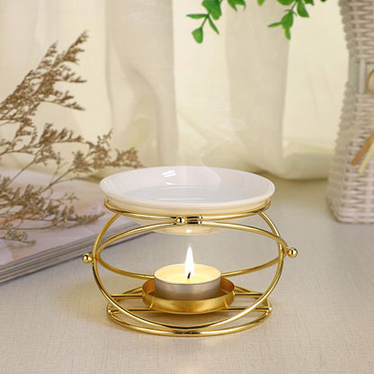 JuxYes European Metal Oil Burner Wax Warmer, Delicate Romantic Ceramic Tealight Candle Holder Oil Burner, Fragrance Warmer Aromatherapy Wax Candle Tart Burner Warmer Diffuser for Home Bedroom Décor