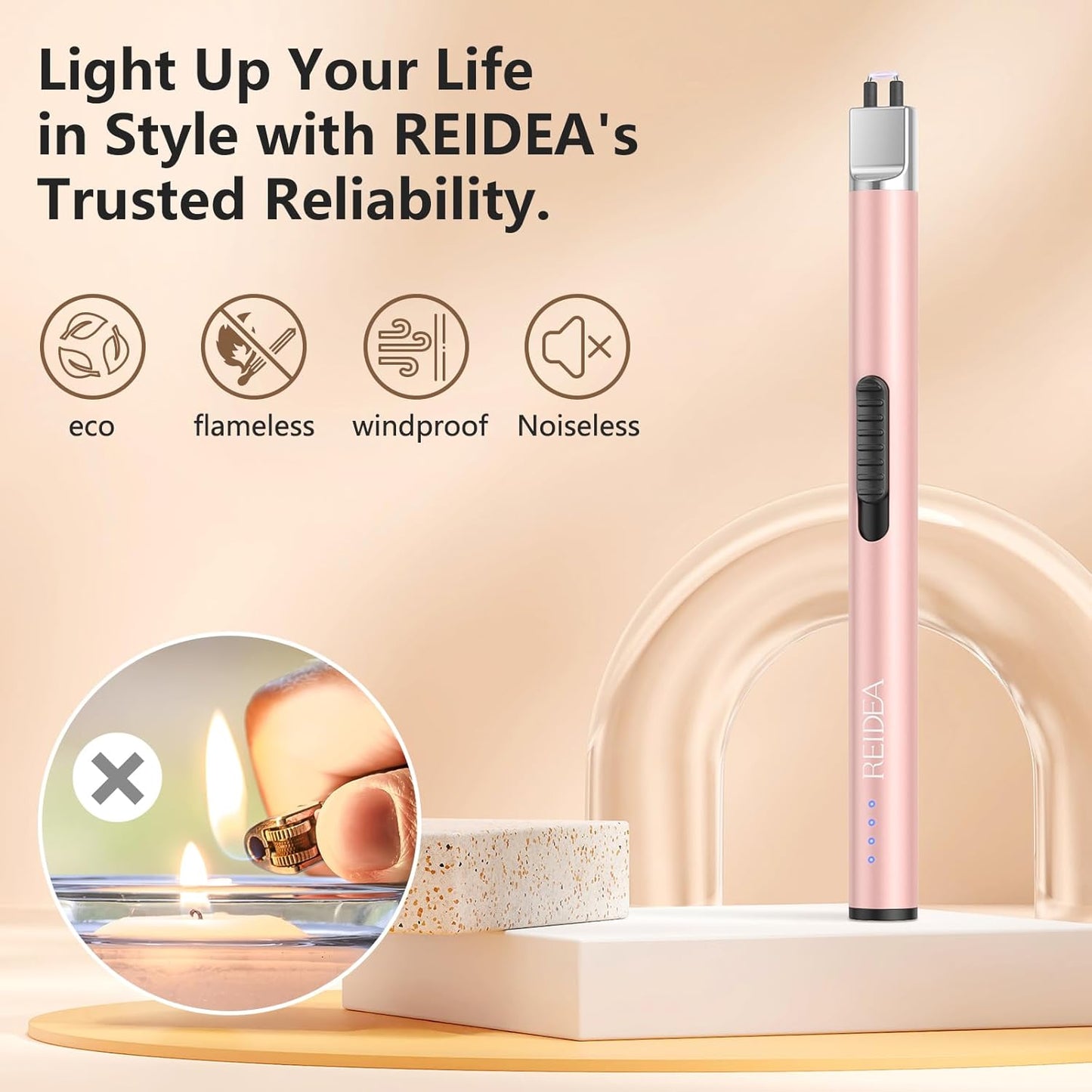 REIDEA Lighter Electric for Candle S4 Pro USB Rechargeable Safety Lock with LED Battery Indicator Flameless Windproof Arc Plasma Lighter for Candle, Fireworks (Champagne Gold)