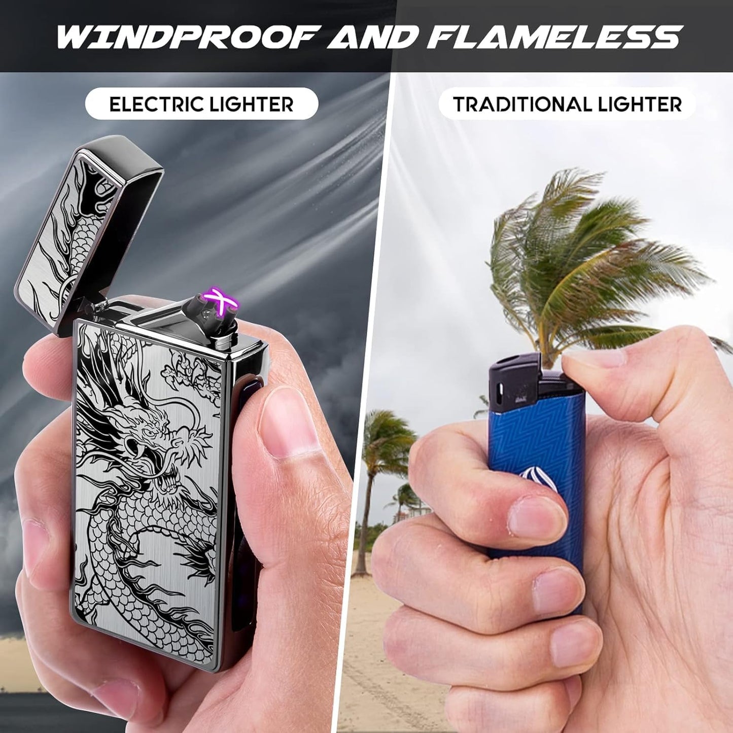 LcFun Electric USB Rechargeable Lighter, Windproof Plasma Dual Arc Lighter, Electronic Flameless Cool Lighters Gifts for Men Fathers Husband (Gold Dragon)