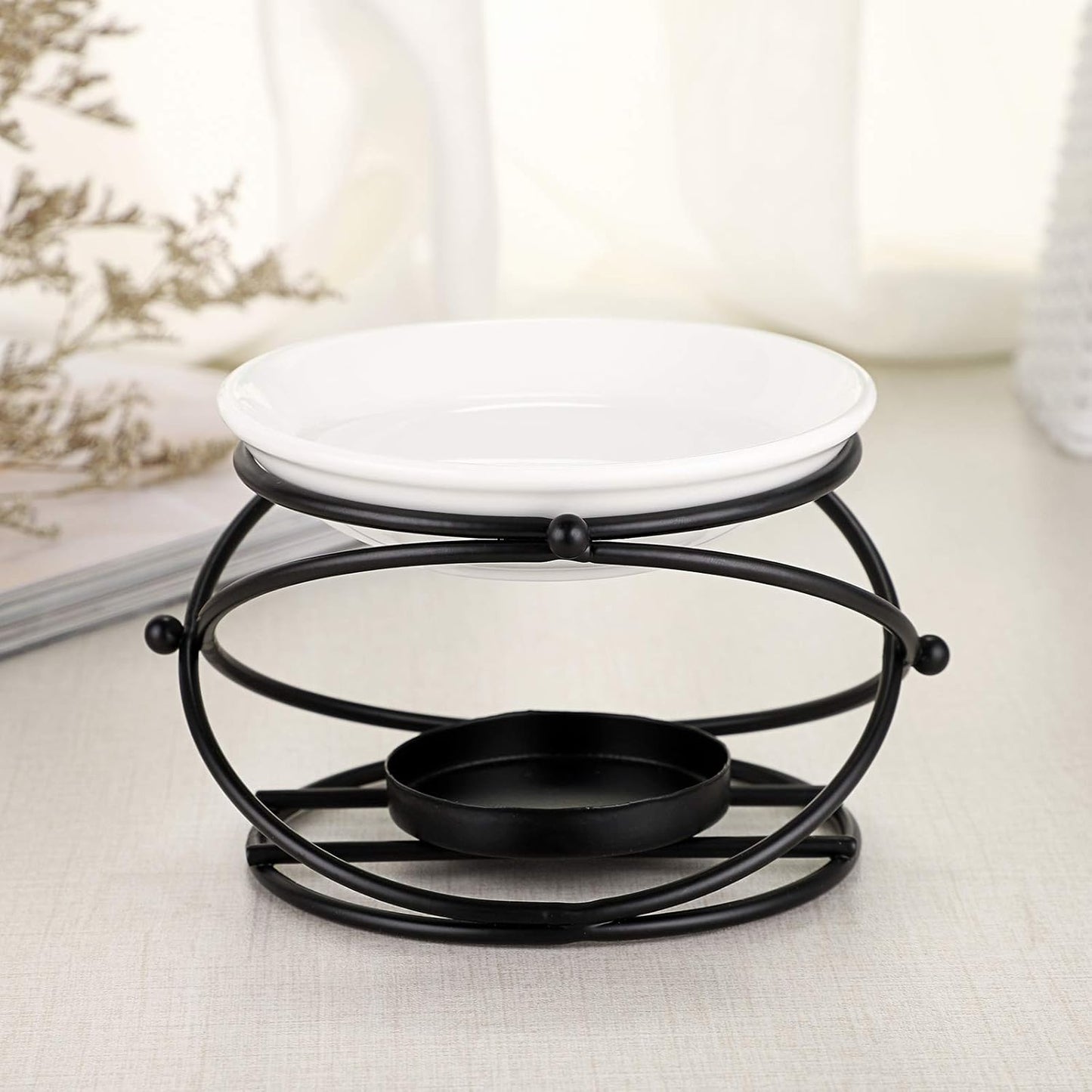 JuxYes European Metal Oil Burner Wax Warmer, Delicate Romantic Ceramic Tealight Candle Holder Oil Burner, Fragrance Warmer Aromatherapy Wax Candle Tart Burner Warmer Diffuser for Home Bedroom Décor