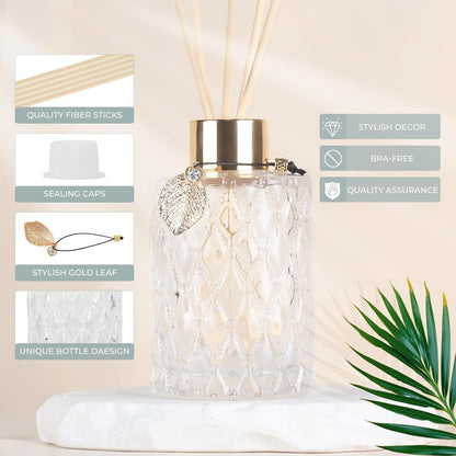Trifolic Reed Diffuser Set with Metal Golden Decoration, 3.5-4.2oz Empty Reed Diffuser Bottles with 20Pcs Reed Diffuser Sticks, Unique Design Bottles for Home and Office