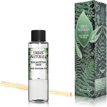 Urban Naturals Eucalyptus &amp; Sage Oil Reed Diffuser Refill | Eucalyptus, Sage, Mint, Lime and Cedarwood| Includes a Free Set of Reed Sticks! 4 oz