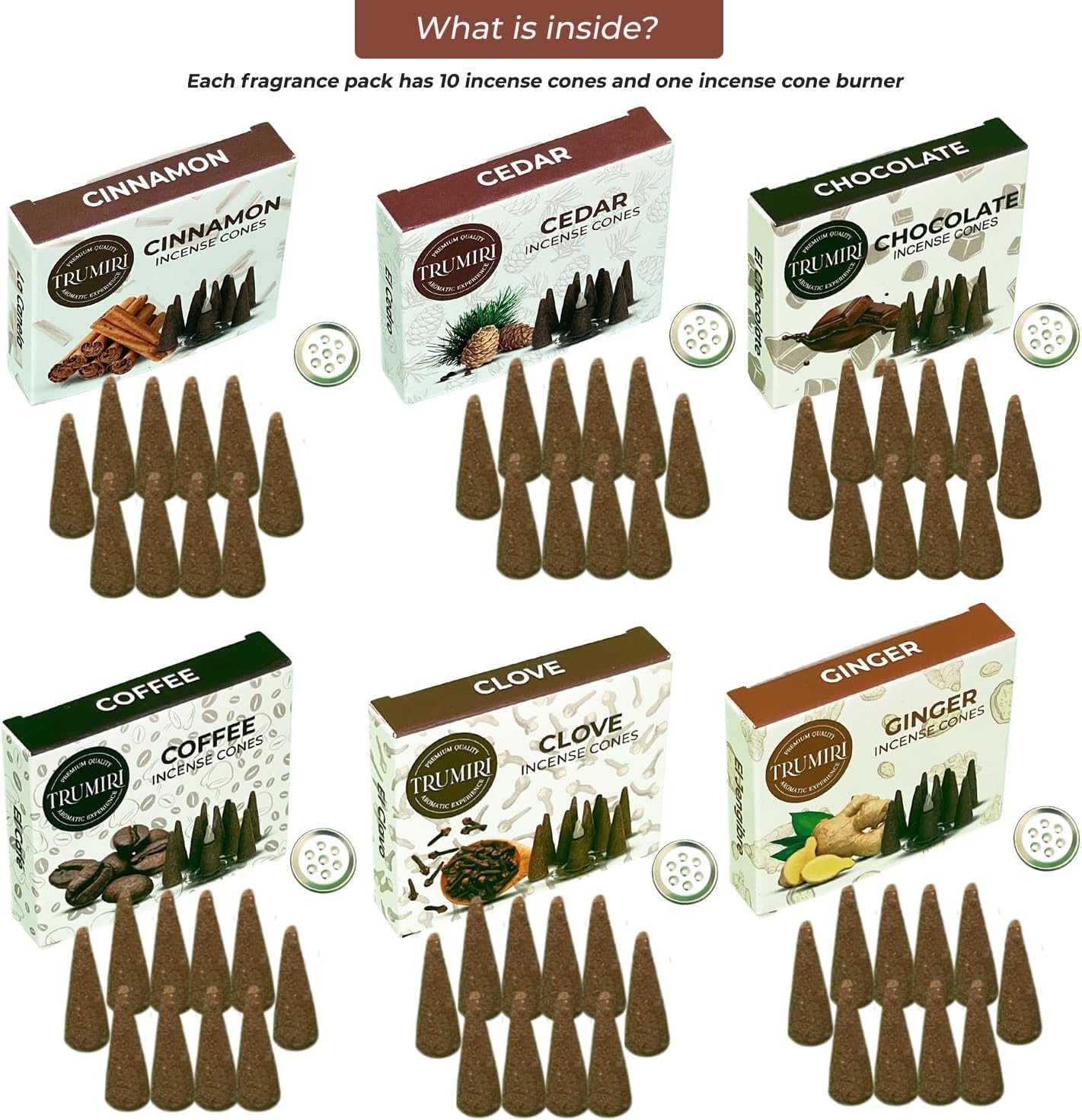 Trumiri Woody Incense Cones - Variety Pack - Total 60 Cone Incense (6 Scents x 10 Conos) - White Sage, Palo Santo, Dragons Blood, Sandalwood - Inscents-Cones Scented - Insense Cones - Incent Cone