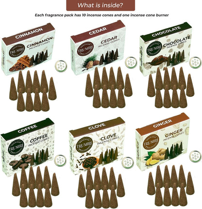 Trumiri Woody Incense Cones - Variety Pack - Total 60 Cone Incense (6 Scents x 10 Conos) - White Sage, Palo Santo, Dragons Blood, Sandalwood - Inscents-Cones Scented - Insense Cones - Incent Cone