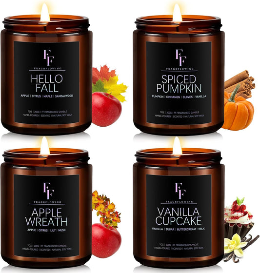 Winter Candles Set, 4 Pack Scented Candles for Home Natural Soy Wax, Holiday Gifts for Women Men, Winter Fragrance of Spice/Vanilla Cupcake/Apple Wreath/Hello Fall