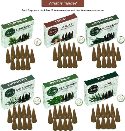 Trumiri Woody Incense Cones - Variety Pack - Total 60 Cone Incense (6 Scents x 10 Conos) - White Sage, Palo Santo, Dragons Blood, Sandalwood - Inscents-Cones Scented - Insense Cones - Incent Cone