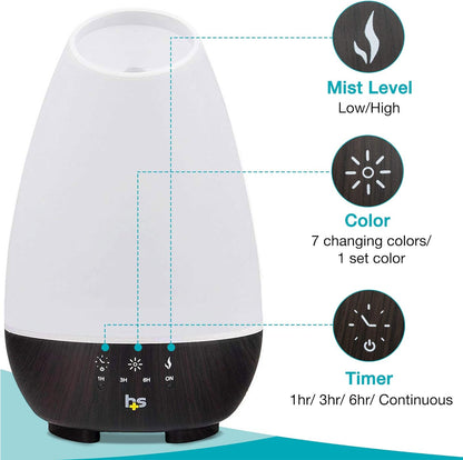 HealthSmart Essential Oil Diffuser, Cool Mist Humidifier and Aromatherapy Diffuser, FSA HSA Eligible with 500ML Tank for Large Rooms, Adjustable Timer, Mist Mode and 7 LED Light Colors, White