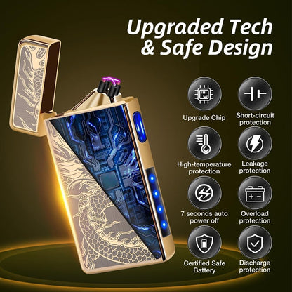 LcFun Electric USB Rechargeable Lighter, Windproof Plasma Dual Arc Lighter, Electronic Flameless Cool Lighters Gifts for Men Fathers Husband (Gold Dragon)