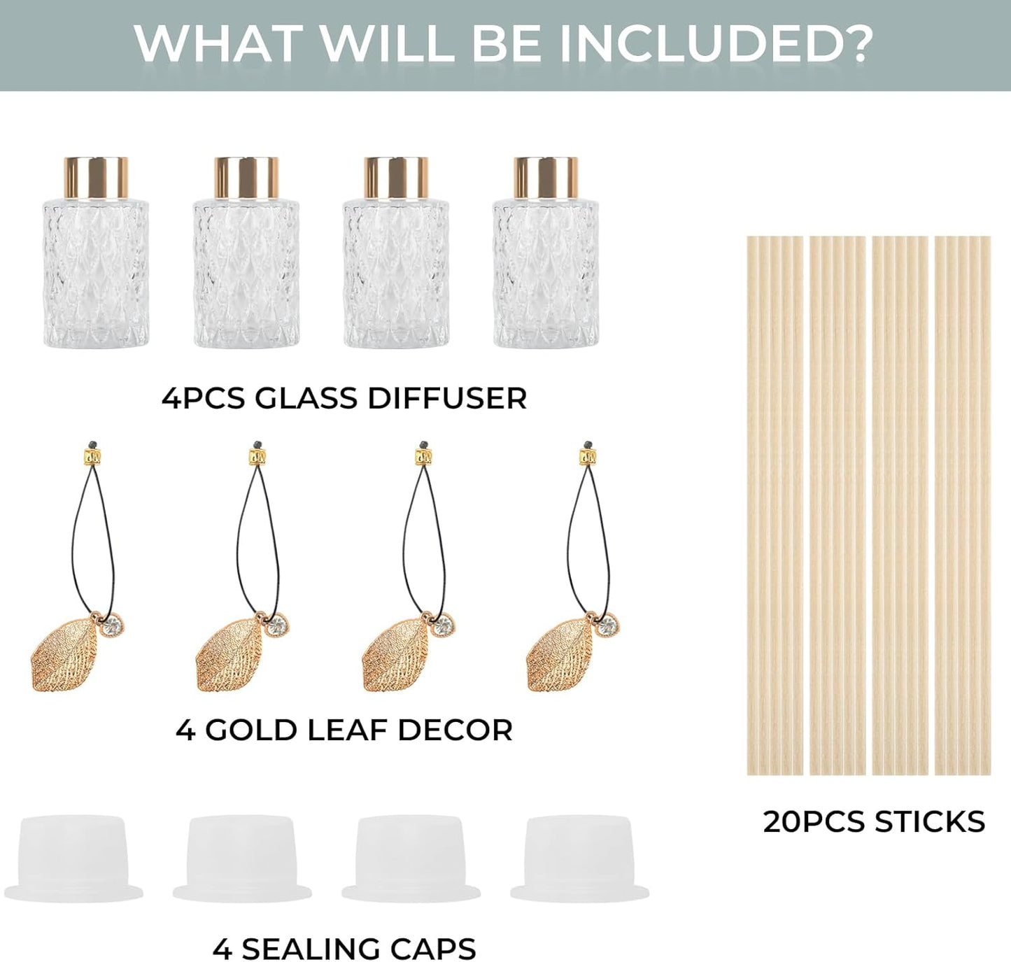 Trifolic Reed Diffuser Set with Metal Golden Decoration, 3.5-4.2oz Empty Reed Diffuser Bottles with 20Pcs Reed Diffuser Sticks, Unique Design Bottles for Home and Office