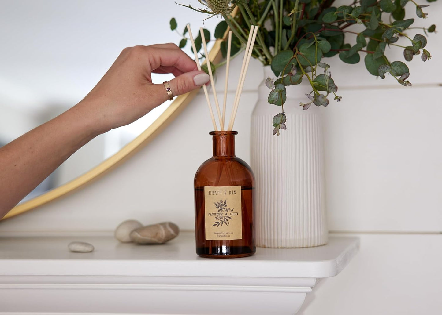Jasmine & Lily Reed Diffuser | Includes All Natural Essential Oil & 8 Rattan Scent Sticks | Reed Diffuser Set for Bathroom | Reed Diffusers for Home | Long Lasting Home Fragrance in Amber Glass - 5.75oz