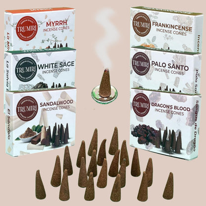 Trumiri Woody Incense Cones - Variety Pack - Total 60 Cone Incense (6 Scents x 10 Conos) - White Sage, Palo Santo, Dragons Blood, Sandalwood - Inscents-Cones Scented - Insense Cones - Incent Cone
