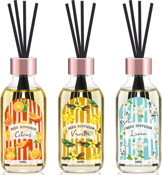 Reed Diffuser Set of 3 Pack, Linen Vanilla Citrus Scented Oil Diffuser with 15 Sticks, Reed Diffusers for Home, Bathroom Air Freshener, 1.7 Fl.oz Each, Total 5.1 Oz