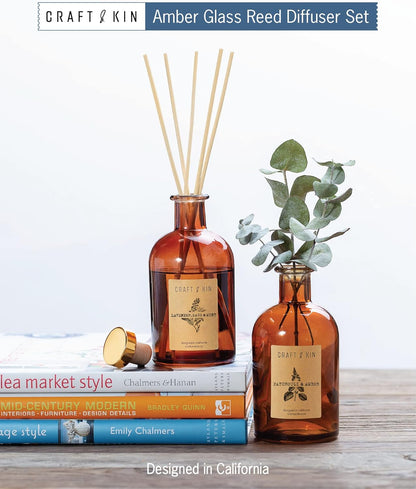 Jasmine & Lily Reed Diffuser | Includes All Natural Essential Oil & 8 Rattan Scent Sticks | Reed Diffuser Set for Bathroom | Reed Diffusers for Home | Long Lasting Home Fragrance in Amber Glass - 5.75oz